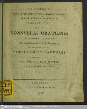 1804: Qua ab nonnullas orationes ... in Schola Cruciana ... benevole audiendas patronos et fautores humanissime invitat