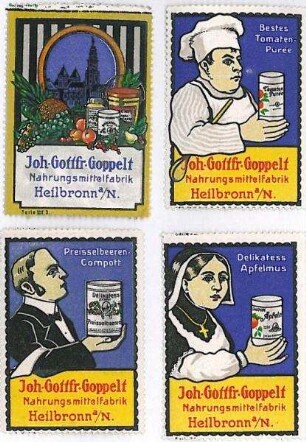 Serie von 4 Werbemarken für Erzeugnisse von Joh. Gottlieb Goppelt (Koch, Nonne, Diener)