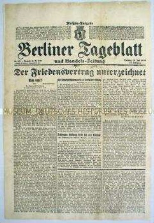 "Berliner Tageblatt" zur Unterzeichnung des Versailler Vertrages