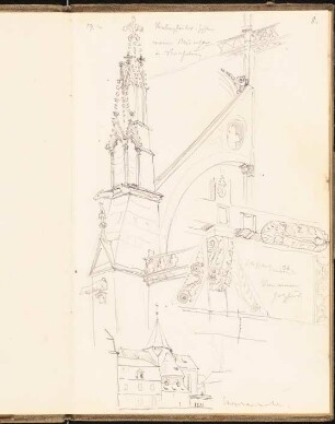Skizzenbuch 1901: Strebepfeiler und Details des Münsters und eines Hauses in Straßburg, Stephanskirche, perspektivische Ansichten