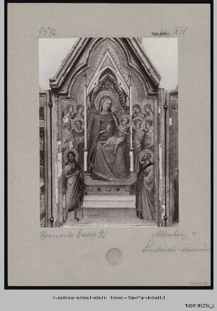 Thronende Madonna mit Kind, Engeln und Heiligen; Geburt Christi; Kreuzigung Christi; Verkündigung an Maria