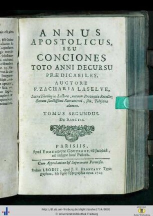 De Sanctis. Tomus 2: Annus apostolicus, seu conciones toto anni decursu praedicabiles
