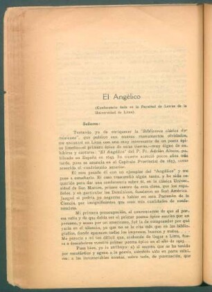 El Angélico : (Conferencia dada en la Facultad de Letras de la Universidad de Lima)