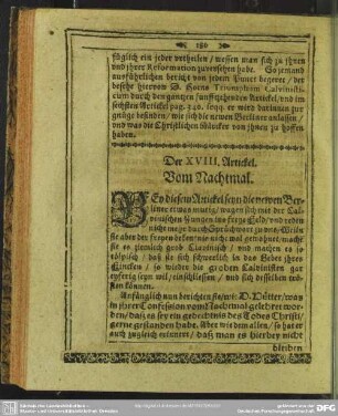Der XVIII. Artickel. Vom Nachtmal