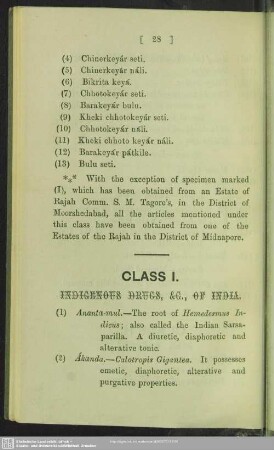 Class I. Indigenous Drugs, &c. Of India