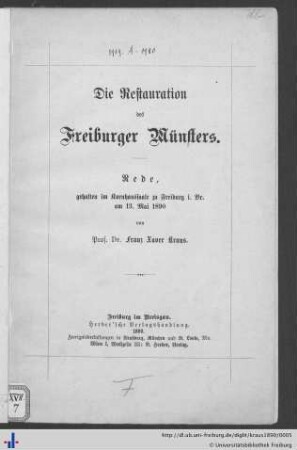 Die Restauration des Freiburger Münsters : Rede, gehalten im Kornhaussaale zu Freiburg i. Br. am 13. Mai 1890