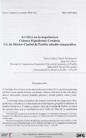 Art Déco en la arquitectura Colonia Hipódromo Condesa, Cd. de México-Ciudad de Puebla: estudio comparativo