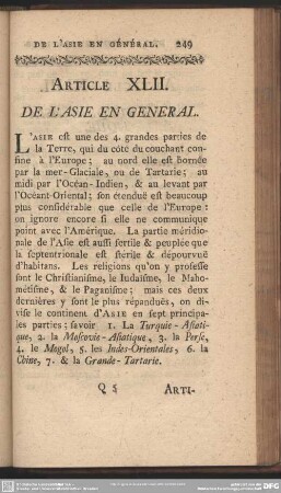 Article XLII. De L'Asie En General