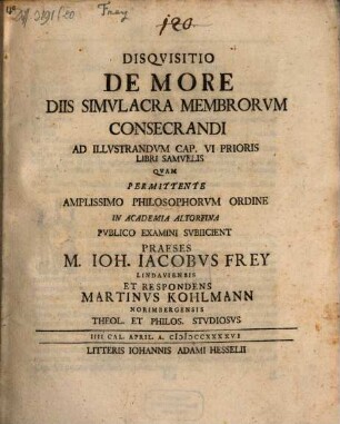 Disquisitio de more, diis simulacra membrorum consecrandi : ad illustrandum cap. VI. prioris libri Samuelis
