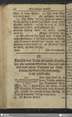 III. [IV.]Kyrlisch wot Boha ßwjateho Ducha, wot jeho nadnych Skutkow, skotrymż won Cżlowekej wtym Schtandżi teje Nady pomha, jeho ktemu Sbożnikej wedże, a jeho pschekraßni
