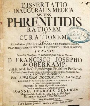 Dissertatio inauguralis medica sistens phrenitidis rationem et curationem