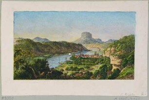 Die Sächsischen Schweiz bei Schandau (Bad Schandau) von der Postelwitzer Höhe am rechten Elbufer nach Nordwesten, mit dem Lilienstein, aus den 30 An- und Aussichten zum Taschenbuch für den Besuch der sächsischen Schweiz von L. Richter