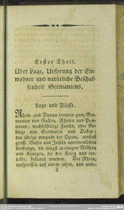 Erster Theil. Über Lage, Ursprung der Einwohner und natürliche Beschaffenheit Germaniens