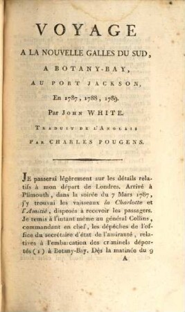 Voyage à la nouvelle Galles du Sud, à Botany-Bay, au port Jackson, en 1787, 1788, 1789
