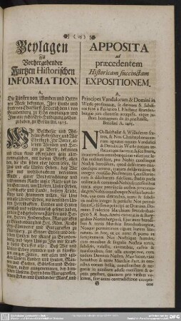Beylagen Zu Vorhergehender Kurtzen Historischen Information