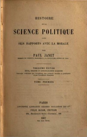 Histoire de la science politique dans ses rapports avec la morale, 1