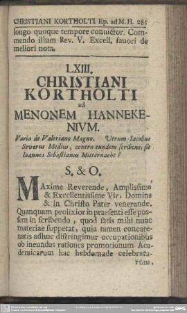 LXIII. Christiani Kortholti ad Menonem Hannekenium