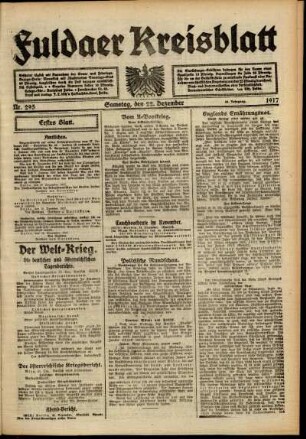Erste Ausgabe vom Samstag, den 22. Dezember 1917.