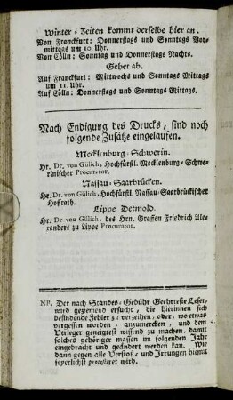 Nach Endigung des Drucks, sind noch folgende Zusätze eingelaufen. - NB.