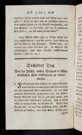 272-277, Sechster Tag. Von der Pflicht, unsern Verstand in Glaubenssachen Gott vollkommen zu unterwerfen