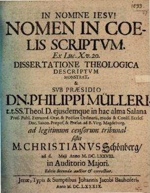 Nomen in coelis scriptum, ex Luc. X, 20. dissertatione theologica descriptum