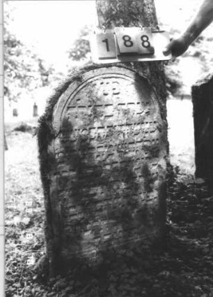 Grabstein 188 (Index: 99800044) Material: Sandstein Zustand: stark verwittert Maße HxBxT: 89x53x12 cm Beschreibung: Stele, eingezogener Rundbogenabschluß, Schriftfeld eingetieft Symbolik: Blüten Besonderheit: Kindergrab: Grabstein 188