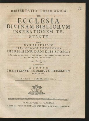 Dissertatio Theologica De Ecclesia Divinam Bibliorum Inspirationem Testante