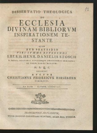 Dissertatio Theologica De Ecclesia Divinam Bibliorum Inspirationem Testante