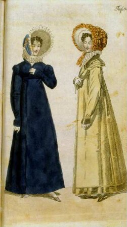 Biedermeier Mode aus: Journal für Literatur, Kunst, Luxus und Mode, Bd. 33, Jg. 1818 — Tafel 31: Zwei Damen in Mänteln
