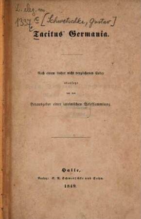 Tacitus' Germania : nach einem bisher nicht verglichenen Codex