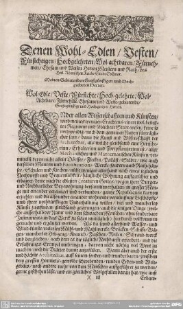 Denen Wohl-Edlen/Besten/Fürsichtigen/Hochgelehrten/Wol-achtbaren/Führnehmen/Ehrsam und Weisen Herren Meistern und Rath/des Heil. Römischen Reichs Stadt Collmar.