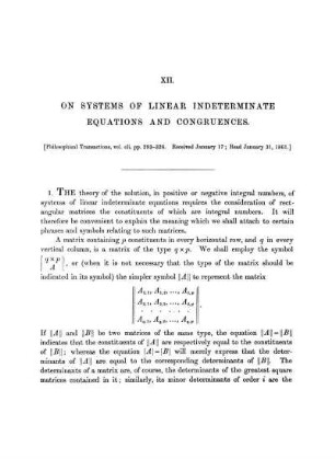 Paper XII. On Systems of Linear Indeterminate Equations and Congruences.