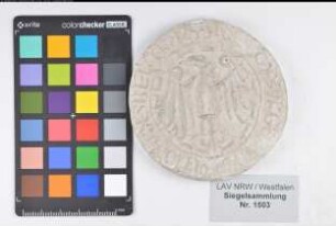 Siegler: Arnsberg Überlieferungsart: Nachbildung. Stoff: Gips Farbe: ungefärbt Form: rund. Durchmesser: 83 mm Art: Typ: Umschrift:
