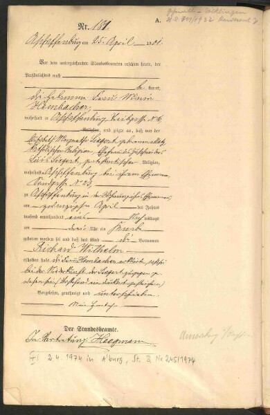 Standesamtsbuch der Stadt Aschaffenburg: Geburten 365/1900 - 184/1901