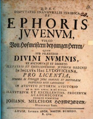 De ephoris iuvenum vulgo von Hofmeistern bey jungen Herren
