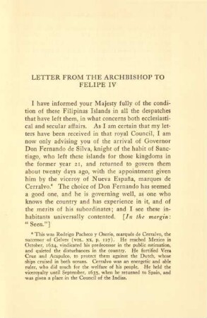Letter from the archbishop to Felipe IV
