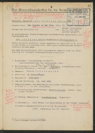 Theater an der Wien, Wien: Fragebogen für das Handbuch »Das Deutsche Theater«, vierseitiges Dokument