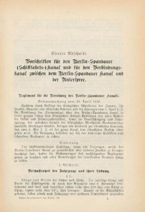 Vierter Abschnitt. Vorschriften für den Berlin-Spandauer (Schifffahrts-) Kanal und für den Verbindungskanal zwischen dem Berlin-Spandauer Kanal und der Unterspree