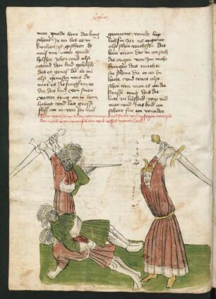 Federzeichnung, koloriert: Moses kämpft mit den Mohren
