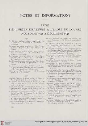 Liste des thèses soutenues a l'école du Louvre d'Octobre 1928 a Décembre 1942