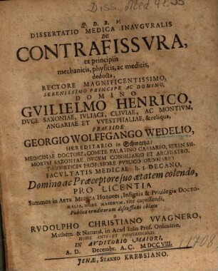 Dissertatio Medico Inavgvralis De Contrafissvra, ex principiis mechanicis, physicis, ac medicis, deducta