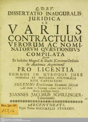 Dissertatio Inauguralis Iuridica Ex Variis Contractuum Verorum Ac Nominatorum Quaestionibus Compilata