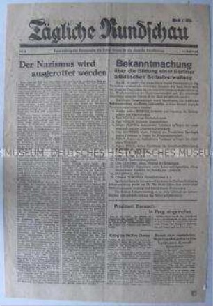 Sowjetische Tageszeitung für die deutsche Bevölkerung "Tägliche Rundschau" u.a. mit einem Bericht über das Konzentrationslager in Auschwitz