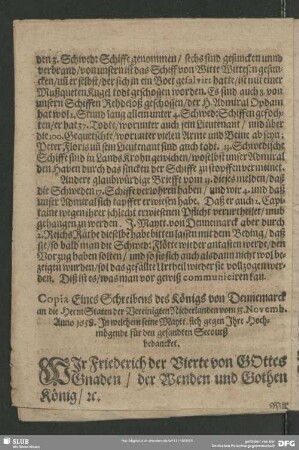 Copia Eines Schreibens des Königs von Dennemarck an die Herrn Staten der Vereinigten Niederlanden vom 13. Novemb. Anno 1658. ...