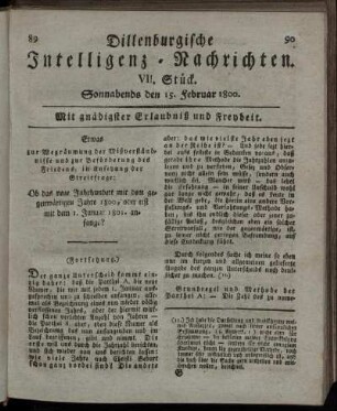 VII. Stück. Sonnabends den 15. Februar 1800.