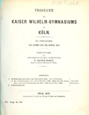 Programm des Königlichen Kaiser-Wilhelm-Gymnasiums zu Köln : ... Schuljahr von Ostern ... bis Ostern ..., 1878/79 = 11