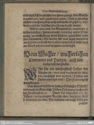 Vom Wucher, wucerlichen Contracten und Partiten, auch von nachgelassenen Zinsen