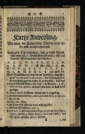 Kurtze Anweisung, Wie man die Frantzoesische Woerter recht lesen und aussprechen soll
