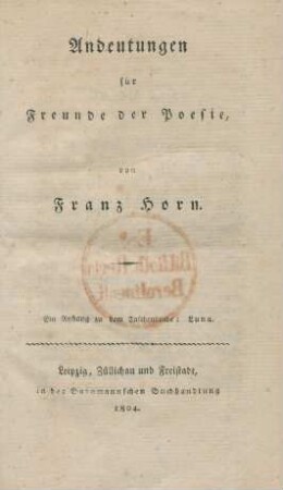 Andeutungen für Freunde der Poesie : ein Anhang zu dem Taschenbuche: Luna