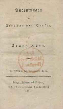 Andeutungen für Freunde der Poesie : ein Anhang zu dem Taschenbuche: Luna